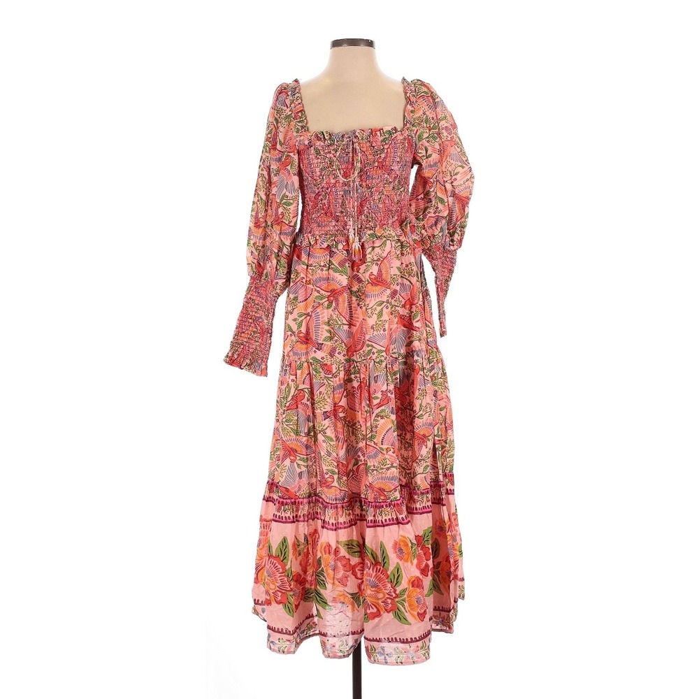 Farm Rio Pink Tropical Bird Smocked Tiered Maxi Dress Long Sleeve Womens Medium